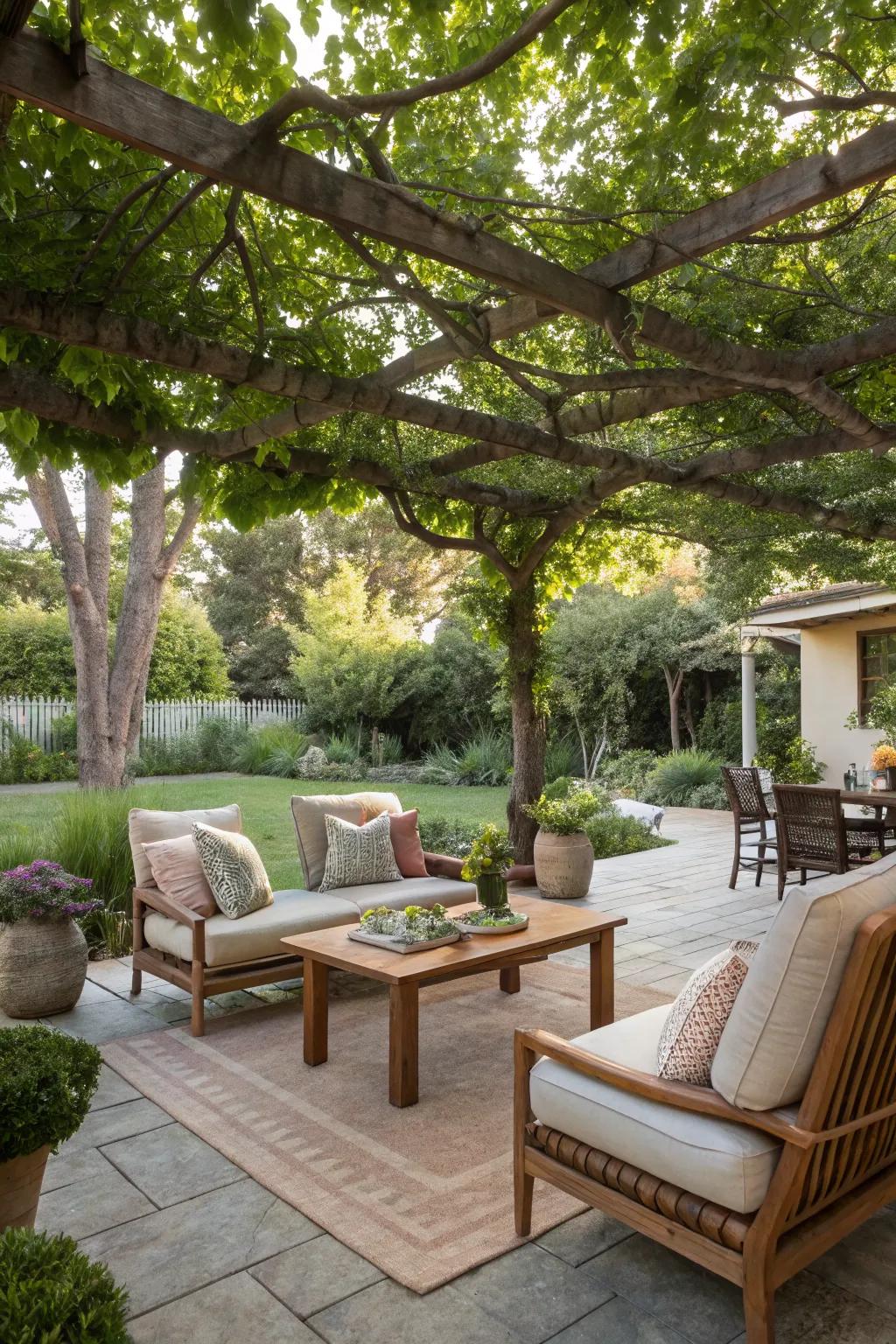 A patio shaded by a natural tree canopy offers perfect relaxation.
