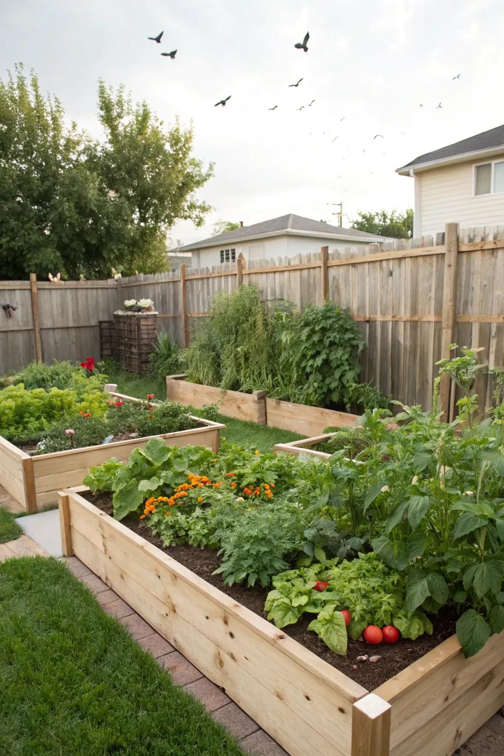 Raised garden beds neatly arranged in a backyard, brimming with fresh produce.