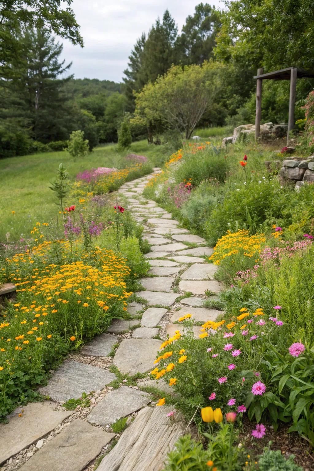 A winding pathway inviting exploration through the wildflower garden.