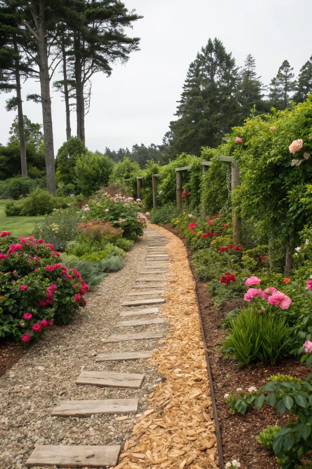 A charming garden pathway made with wood chips, inviting exploration.