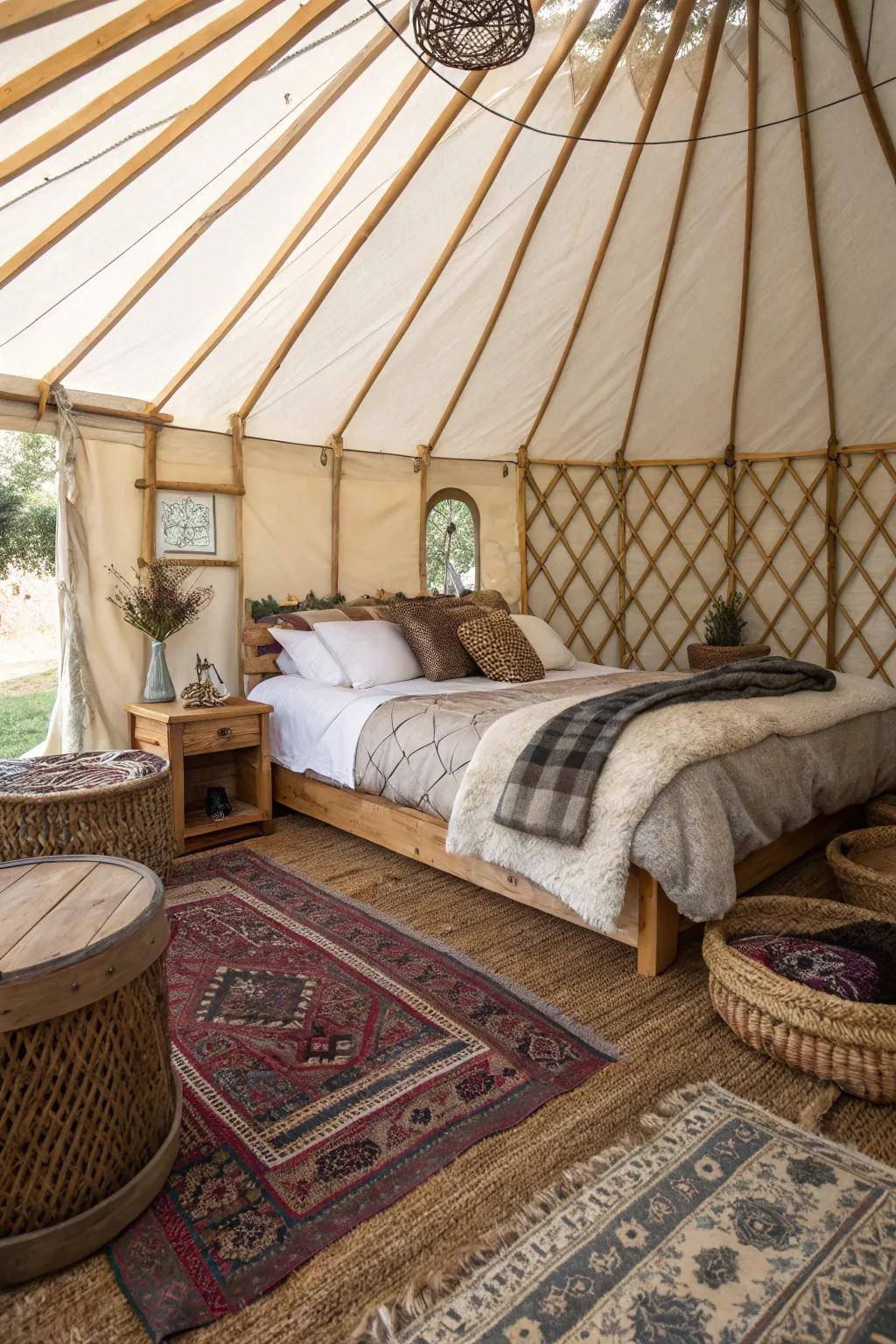 A yurt transformed into a luxurious glamping retreat.