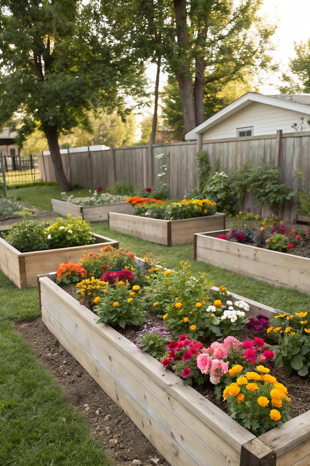 Raised garden beds offer both beauty and function.
