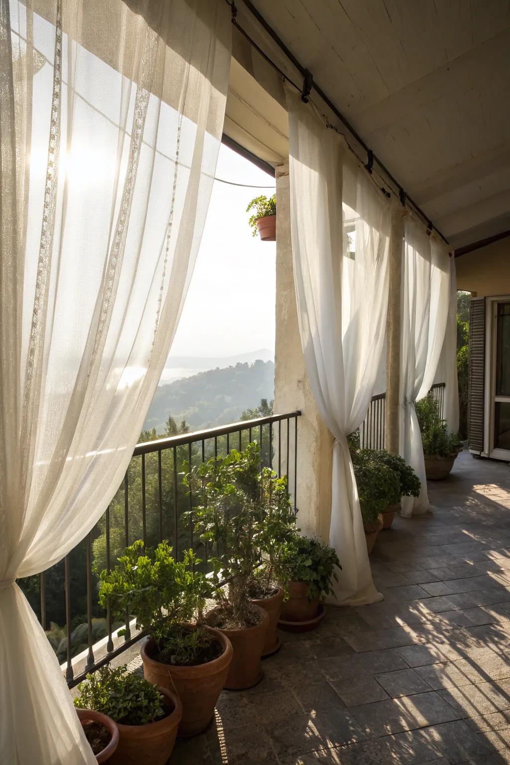 Sheer white curtains add a dreamy touch to any balcony.