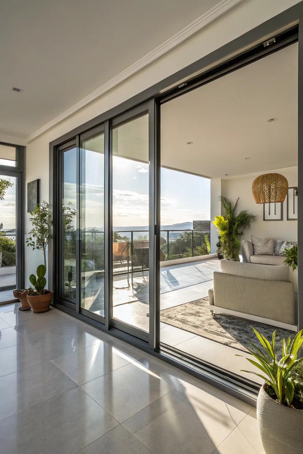 Sliding glass doors create a seamless connection between indoor and outdoor spaces.