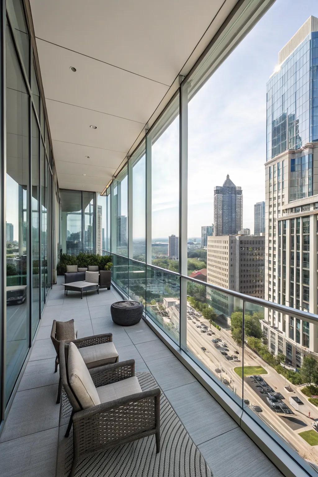 Balcony with floor-to-ceiling glass panels for stunning city views.
