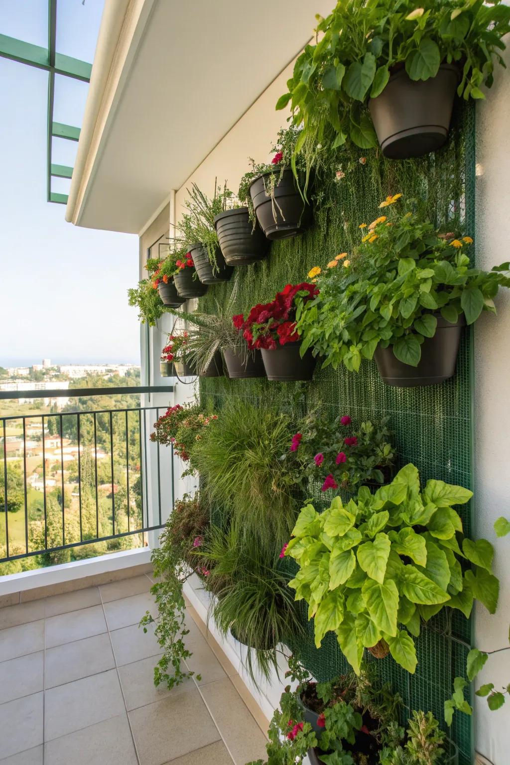 A vertical garden filled with lush, hanging plants.