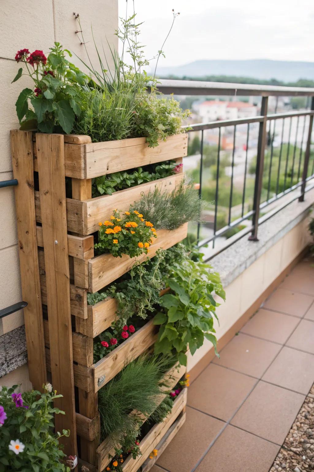 A wooden pallet filled with aromatic herbs and vibrant flowers.
