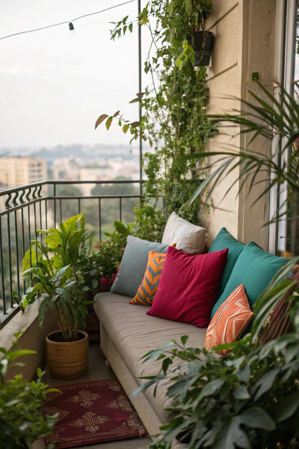 A cozy corner with comfy seating makes your balcony a perfect retreat.