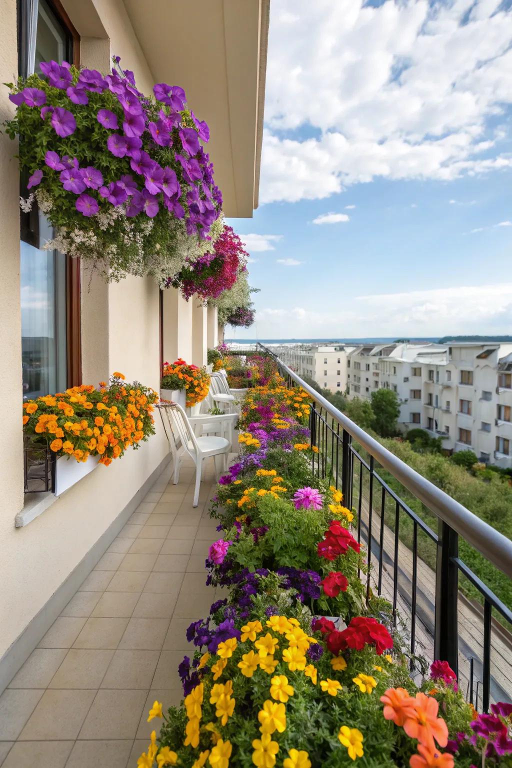Colorful flower boxes add a splash of joy to any balcony.