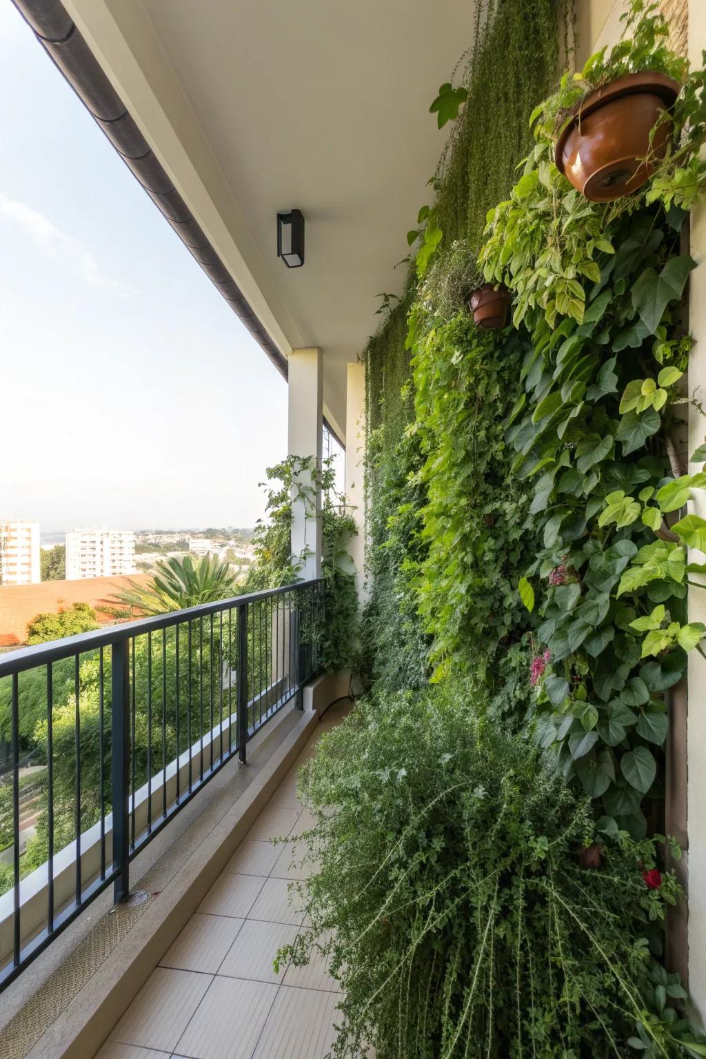 A vertical garden not only offers privacy but also adds a touch of nature to your balcony.