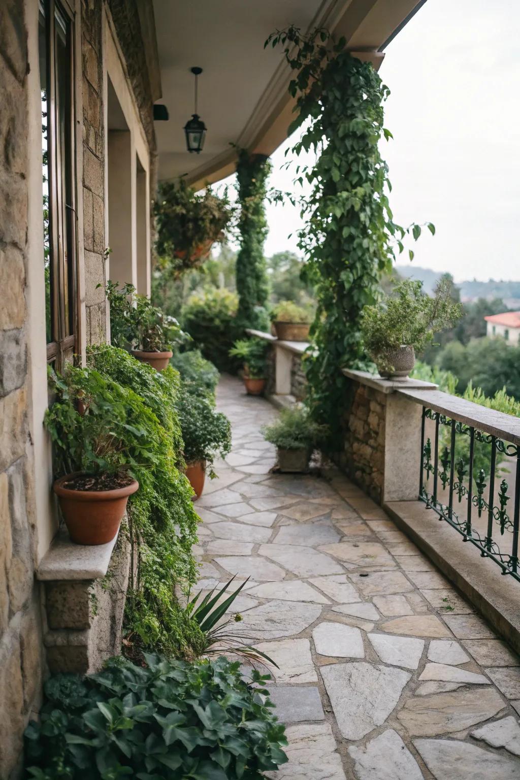 Stone-effect tiles provide a rustic and natural charm to any balcony.
