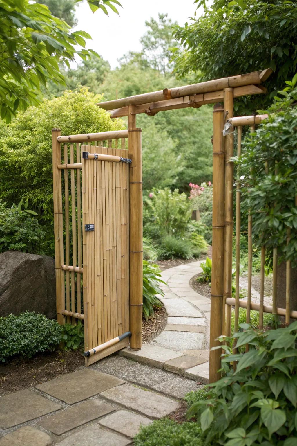 A rustic and simple vertical bamboo gate enhancing the garden's natural beauty.