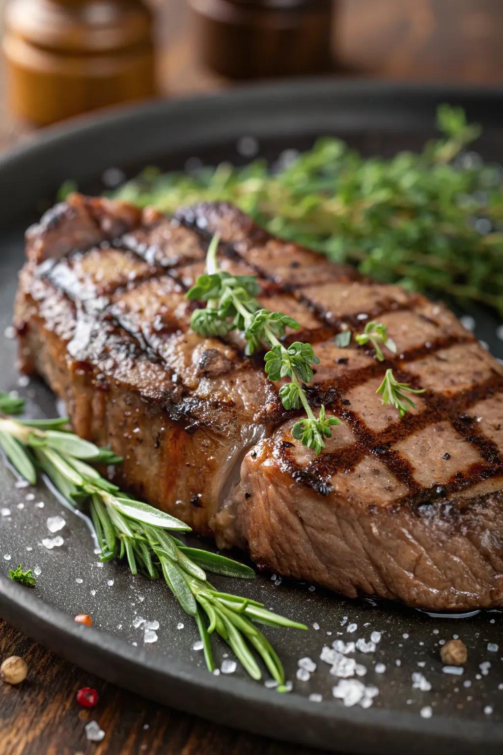 A classic grilled steak, beautifully seared and garnished with fresh herbs.