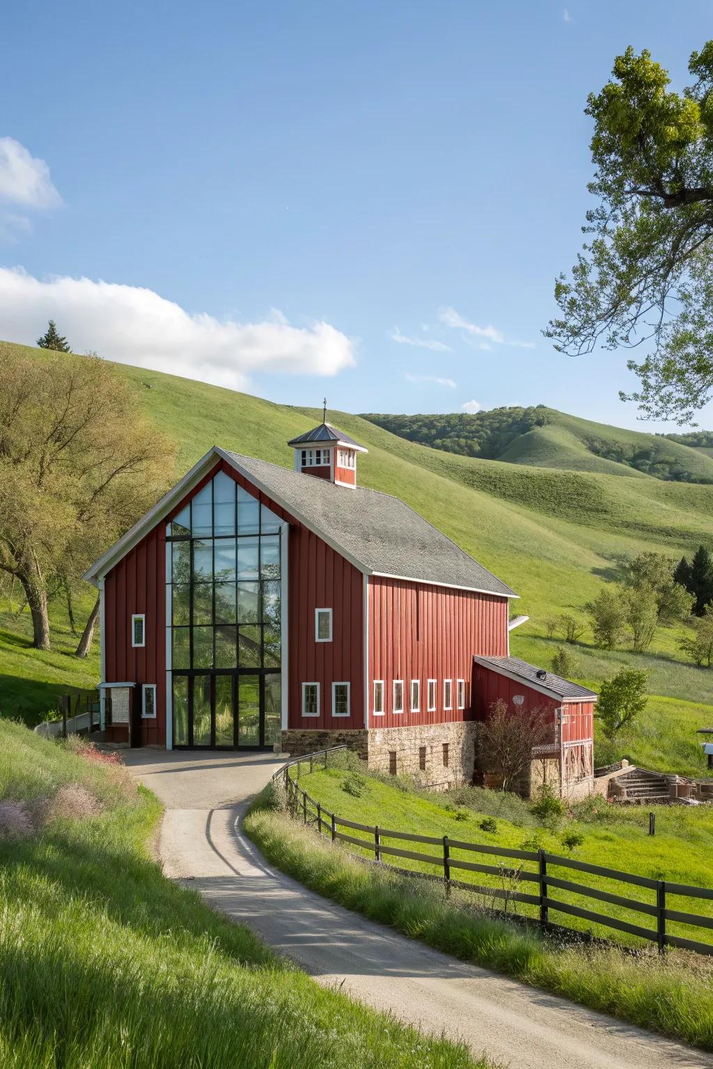 A traditional red barn meets modern design.