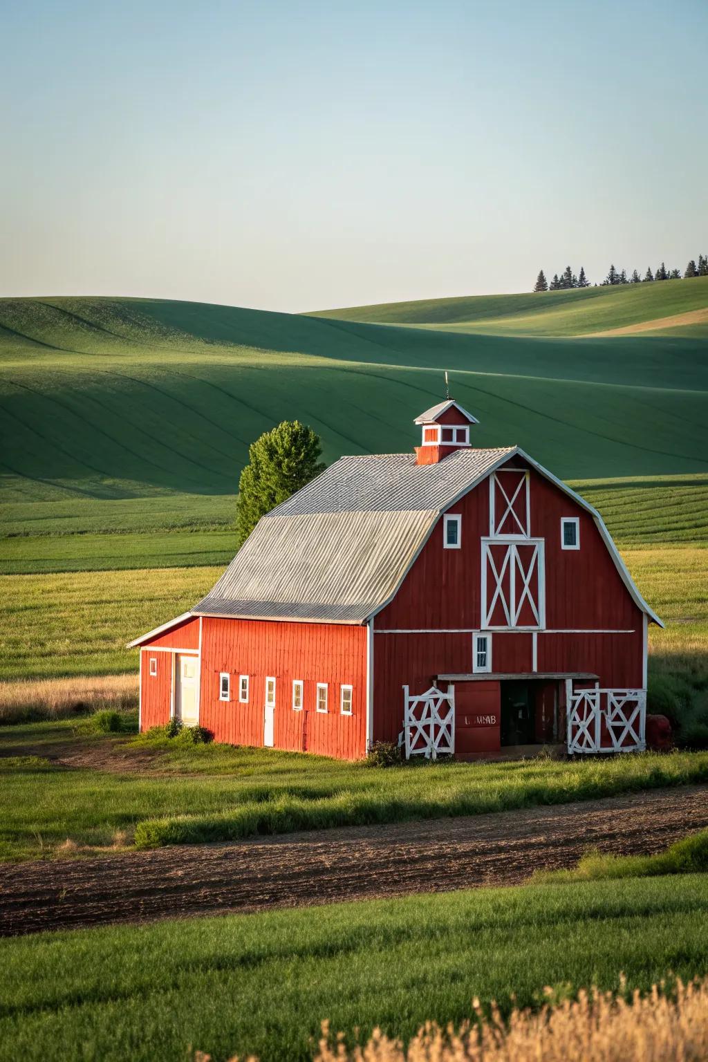 A traditional red barn with crisp white accents.