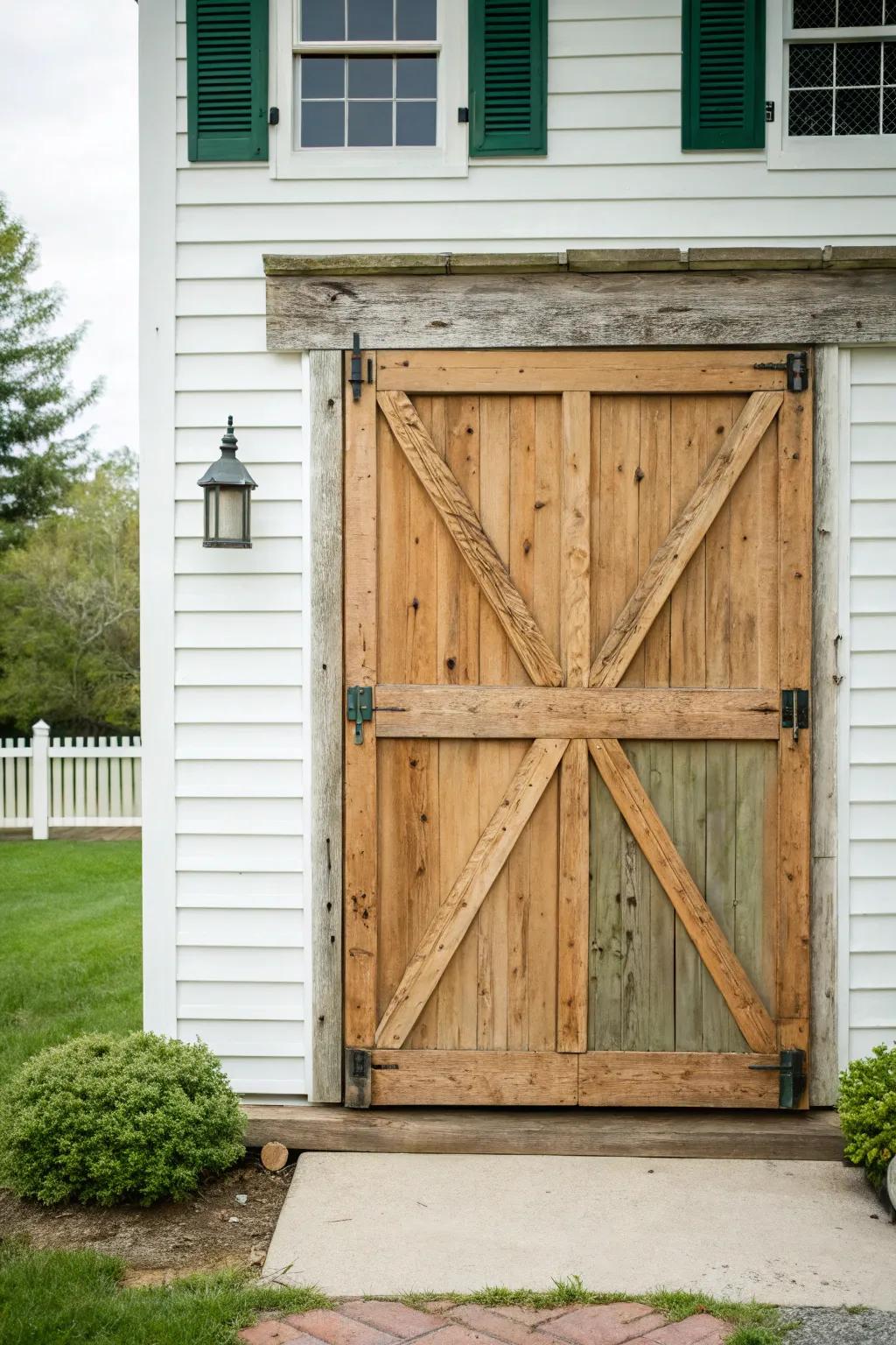 A classic wooden barn door adds warmth and timeless charm to any home exterior.