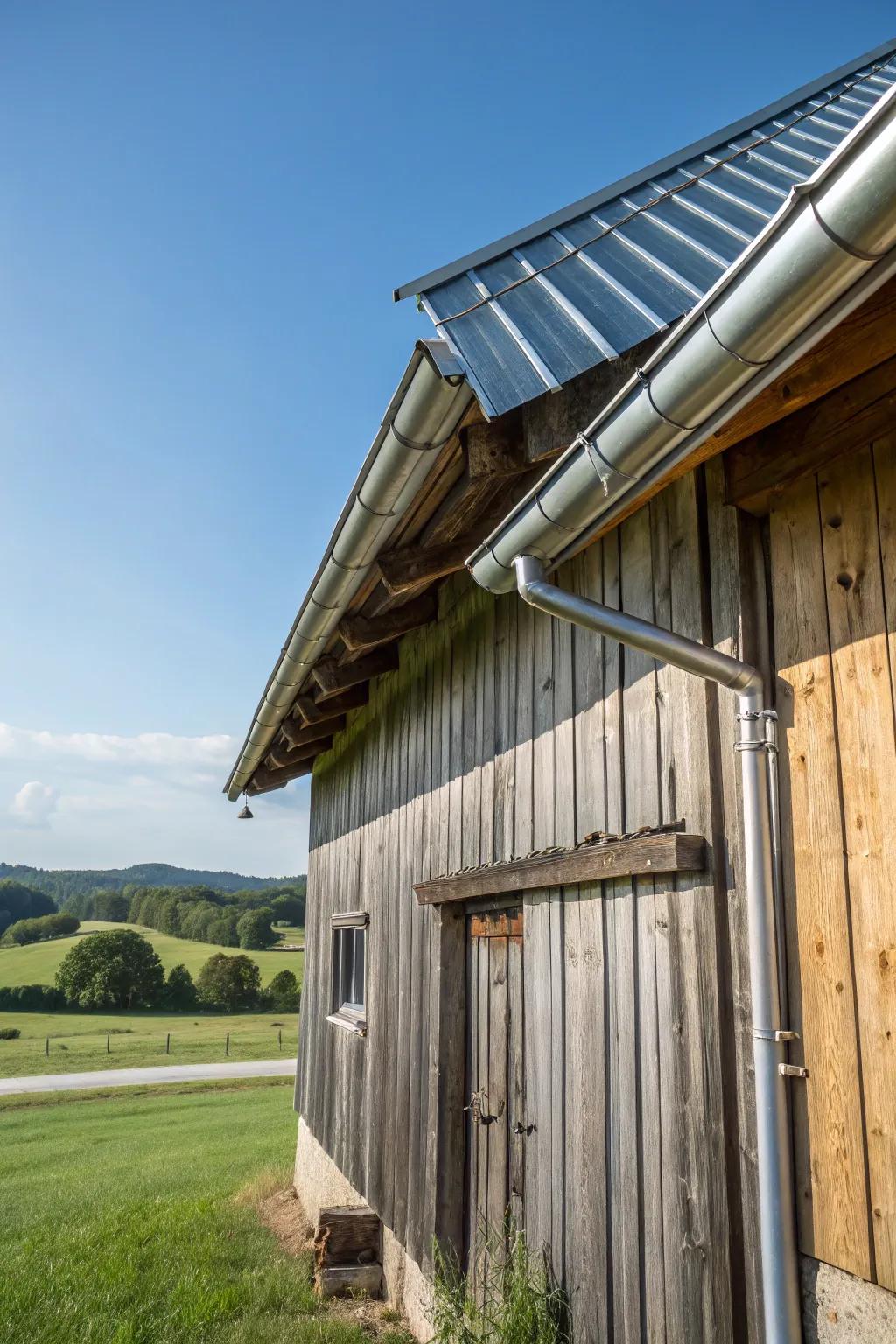 Barn equipped with durable galvanized steel gutters.