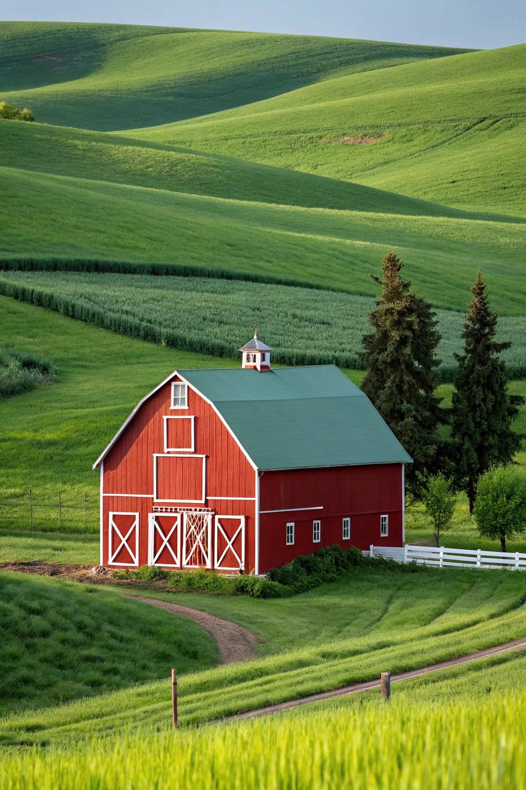 A bright red barn with crisp white trim that stands out beautifully against lush green fields.