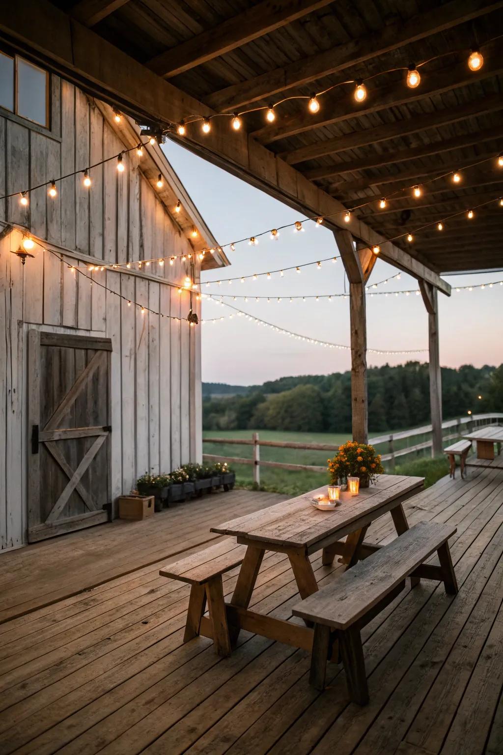 String lights hanging overhead on a barn porch, creating a warm and inviting atmosphere.