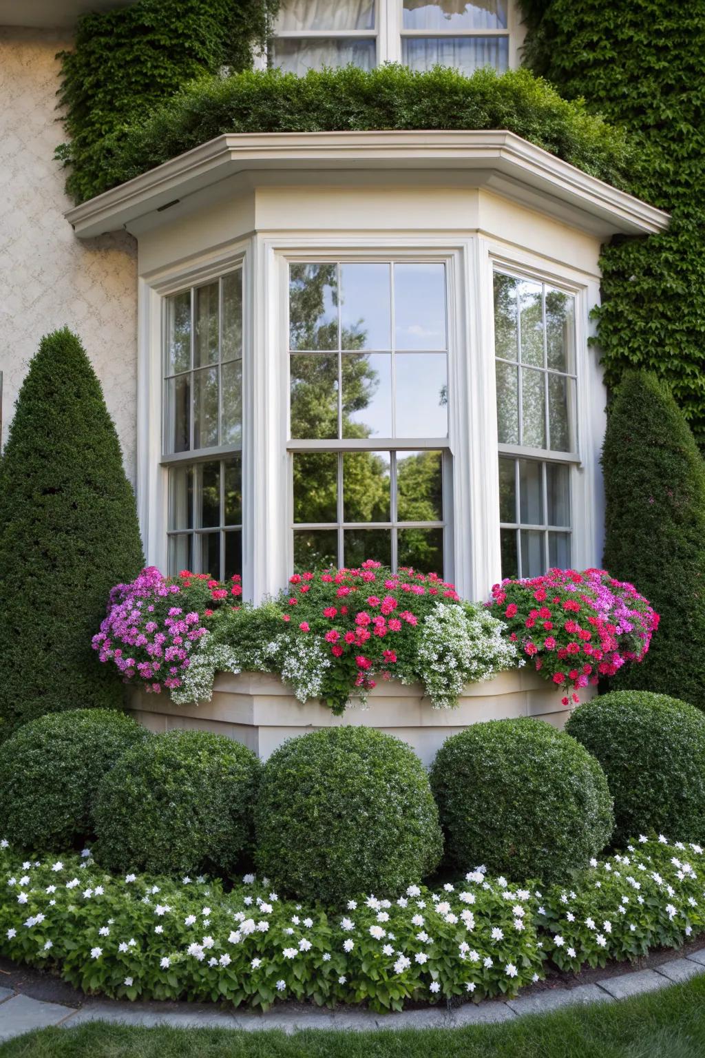 Symmetrical plant arrangements highlight bay window architecture.