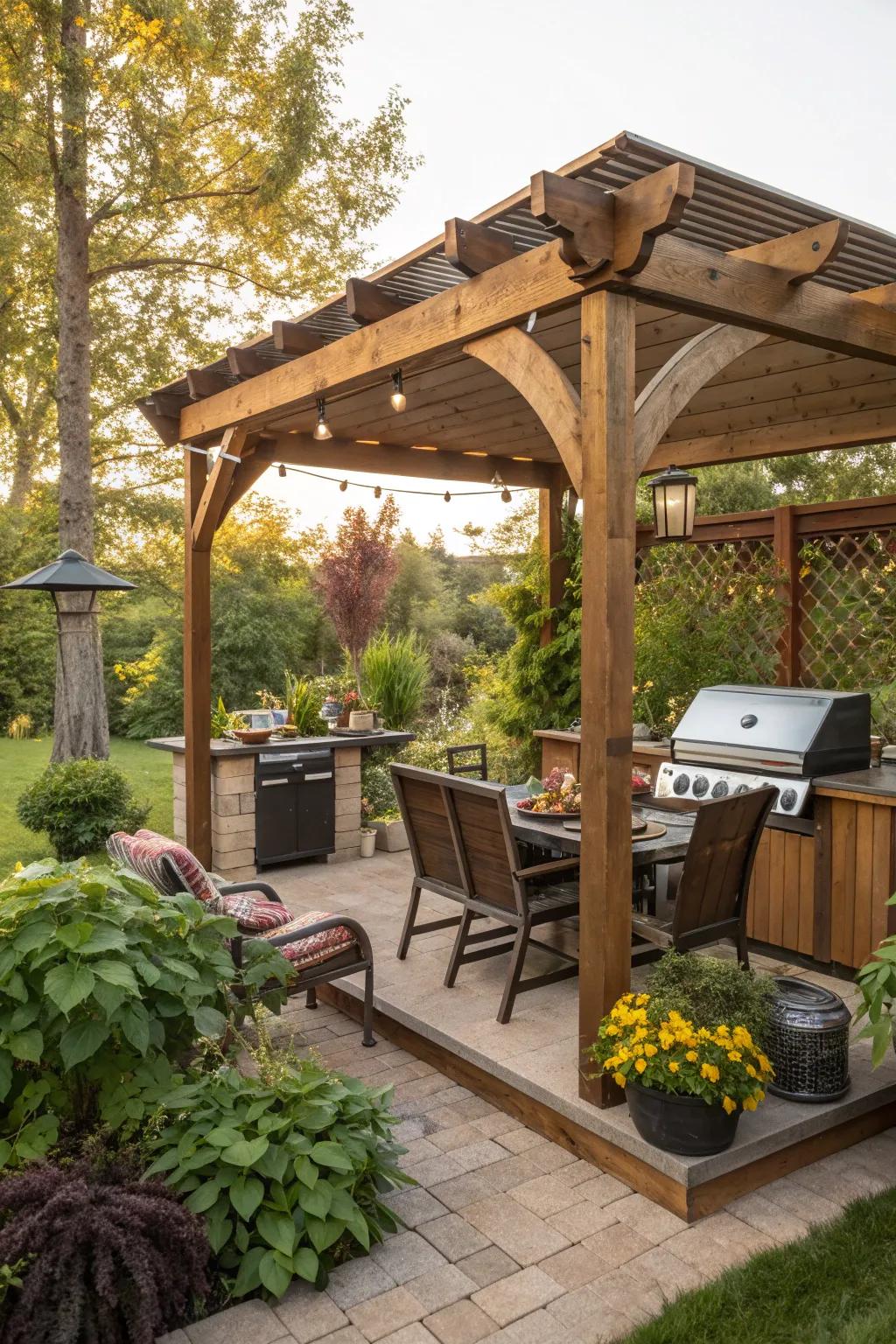 A rustic wooden pergola elevates the BBQ experience with charm and shade.