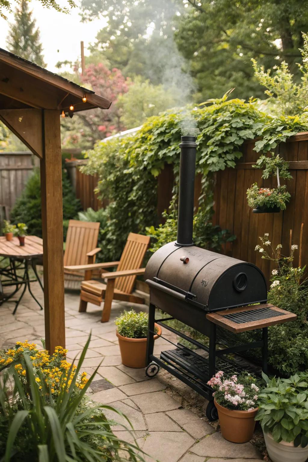 Traditional offset smoker ready for a garden cookout.