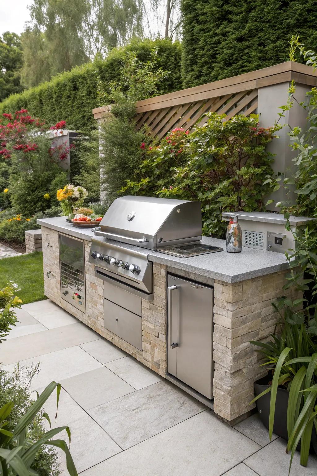 A built-in grill provides a seamless and stylish addition to any outdoor space.