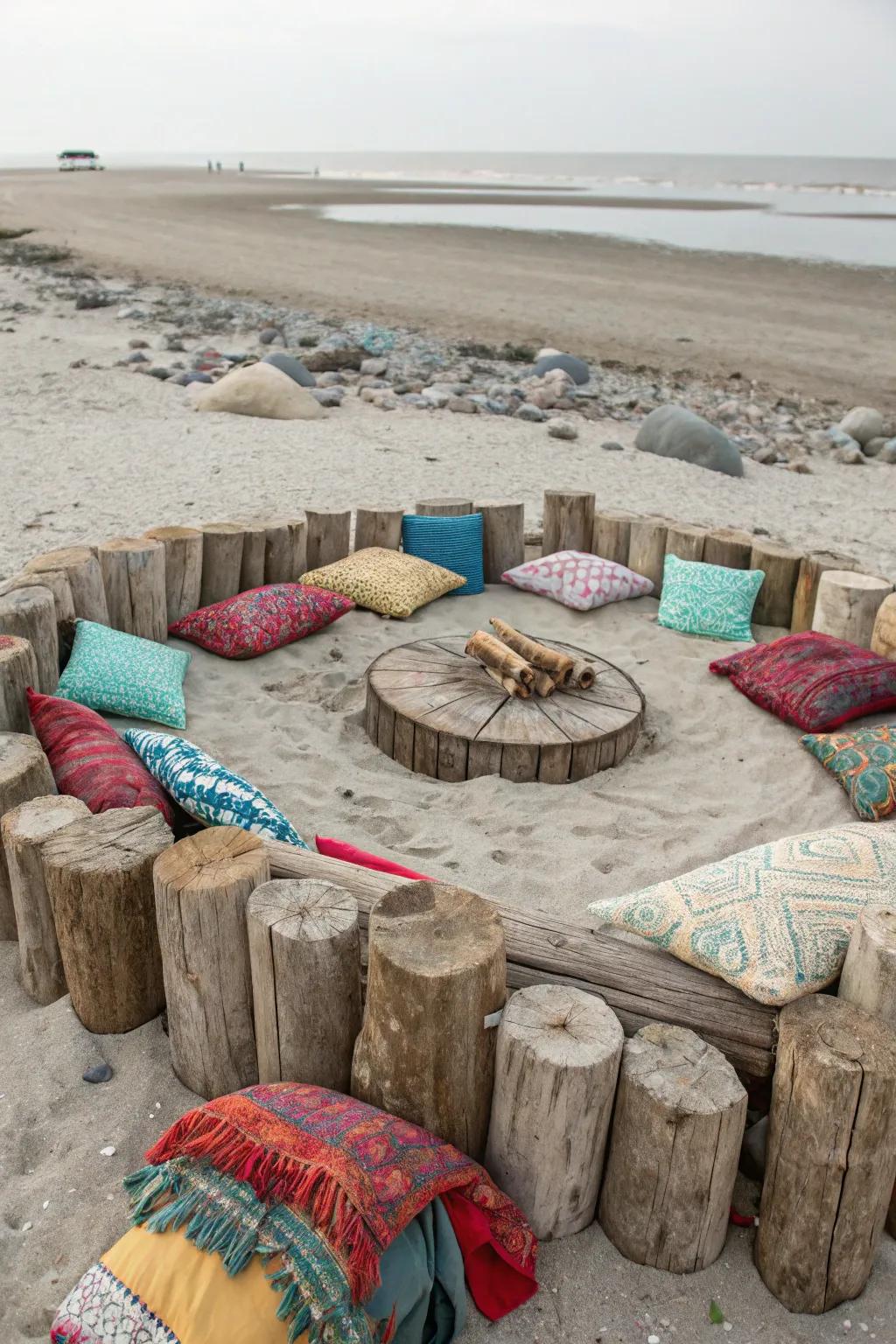 Cozy seating arrangements around the bonfire create a welcoming atmosphere.