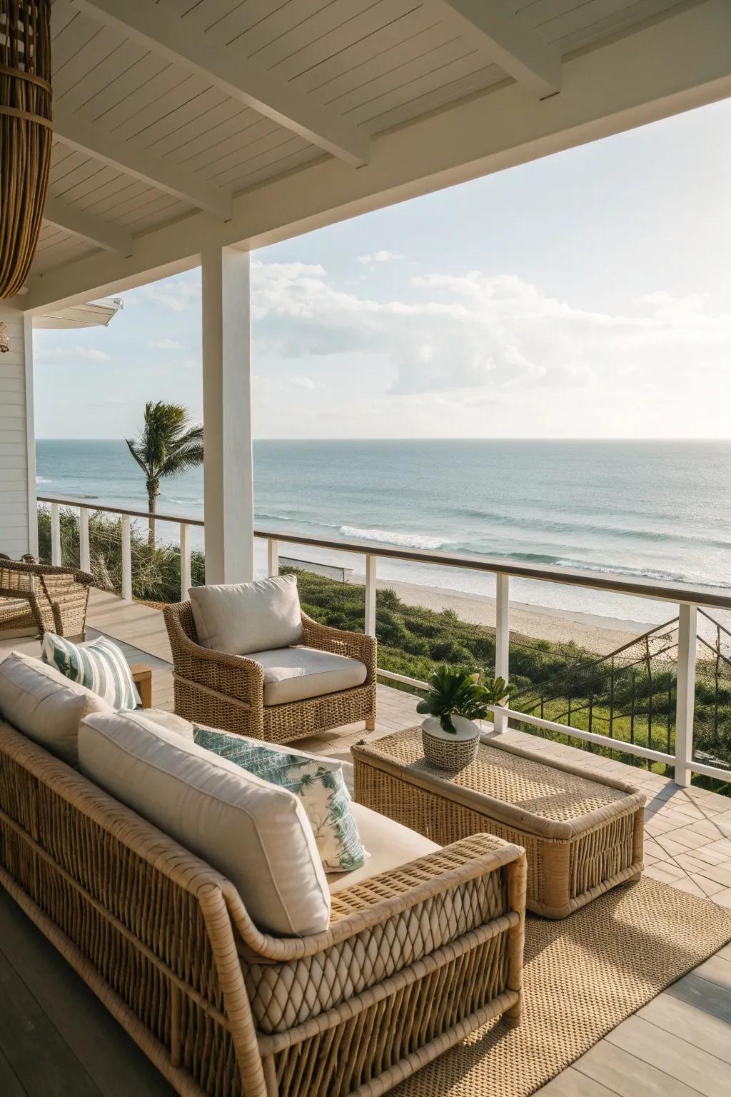 A cozy beach house patio featuring comfortable seating and an inviting ocean view.