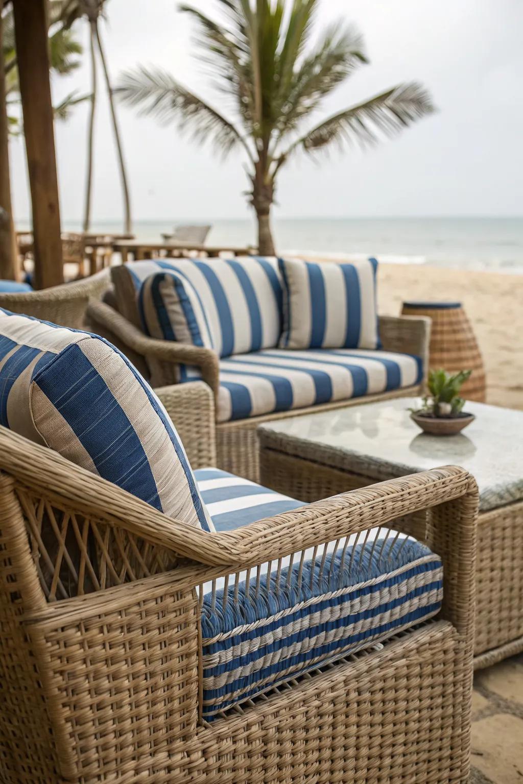 Wicker furniture with cozy cushions creates a perfect beach vibe.