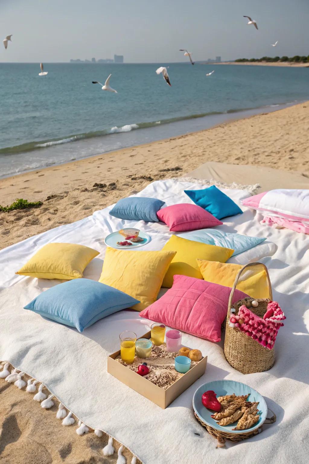 Comfortable seating with vibrant pillows adds a touch of luxury to your picnic.