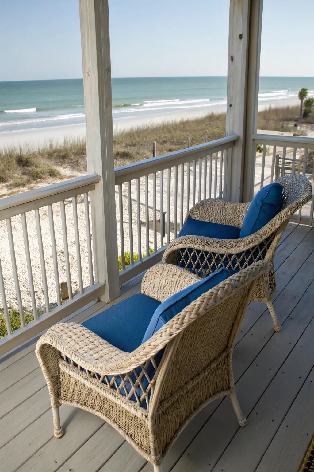 Wicker chairs offer a classic coastal charm.