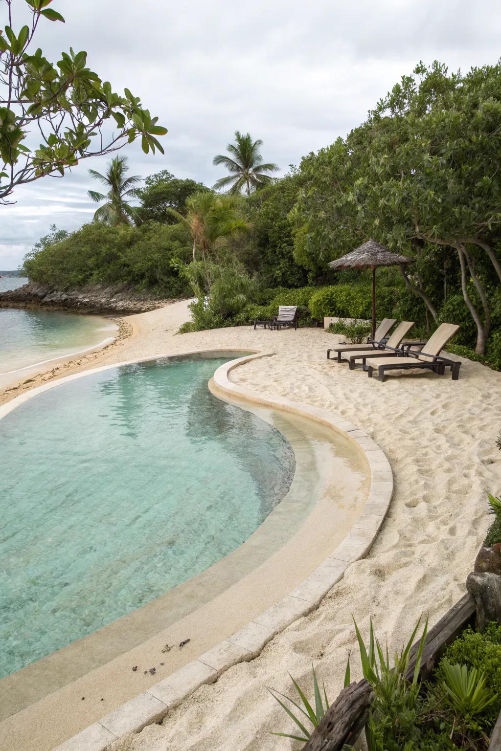 A beach entry pool with a gentle slope and natural surroundings
