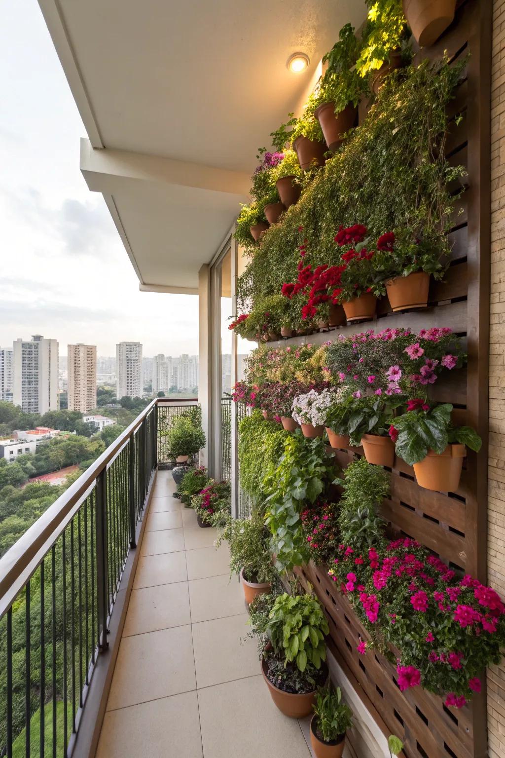 A vertical garden adds a burst of greenery and maximizes balcony space.
