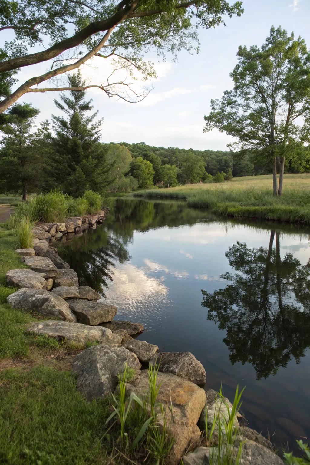 A farm pond harmoniously integrated into the natural landscape with rocks and trees.