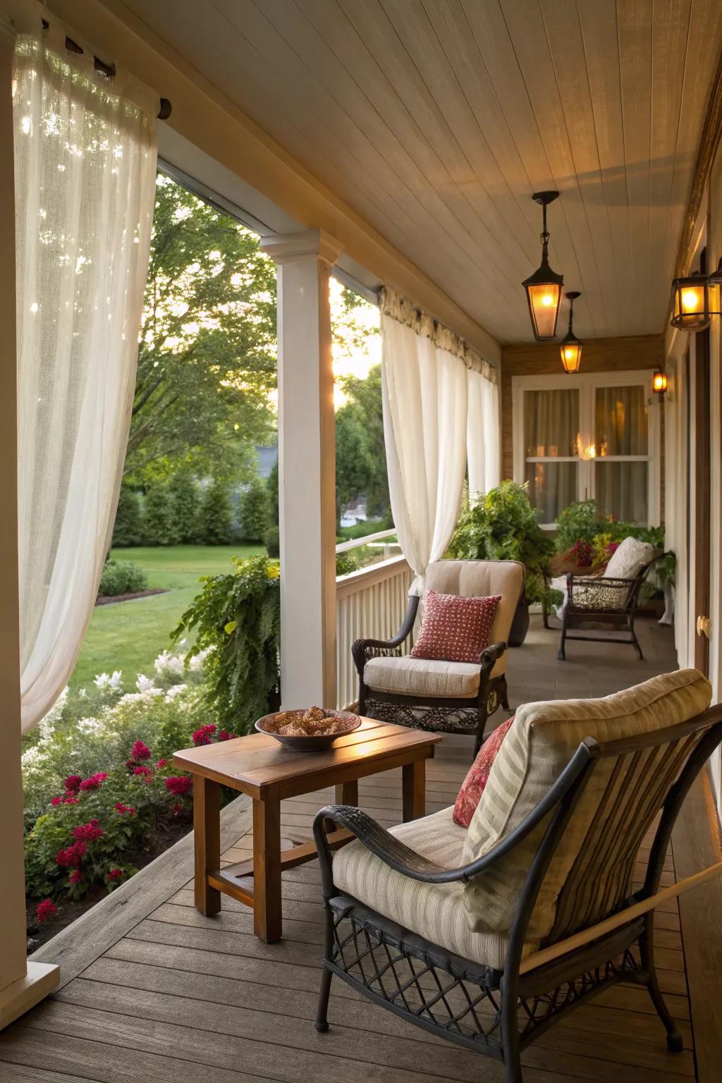 Create a cozy nook on your porch with comfortable seating.