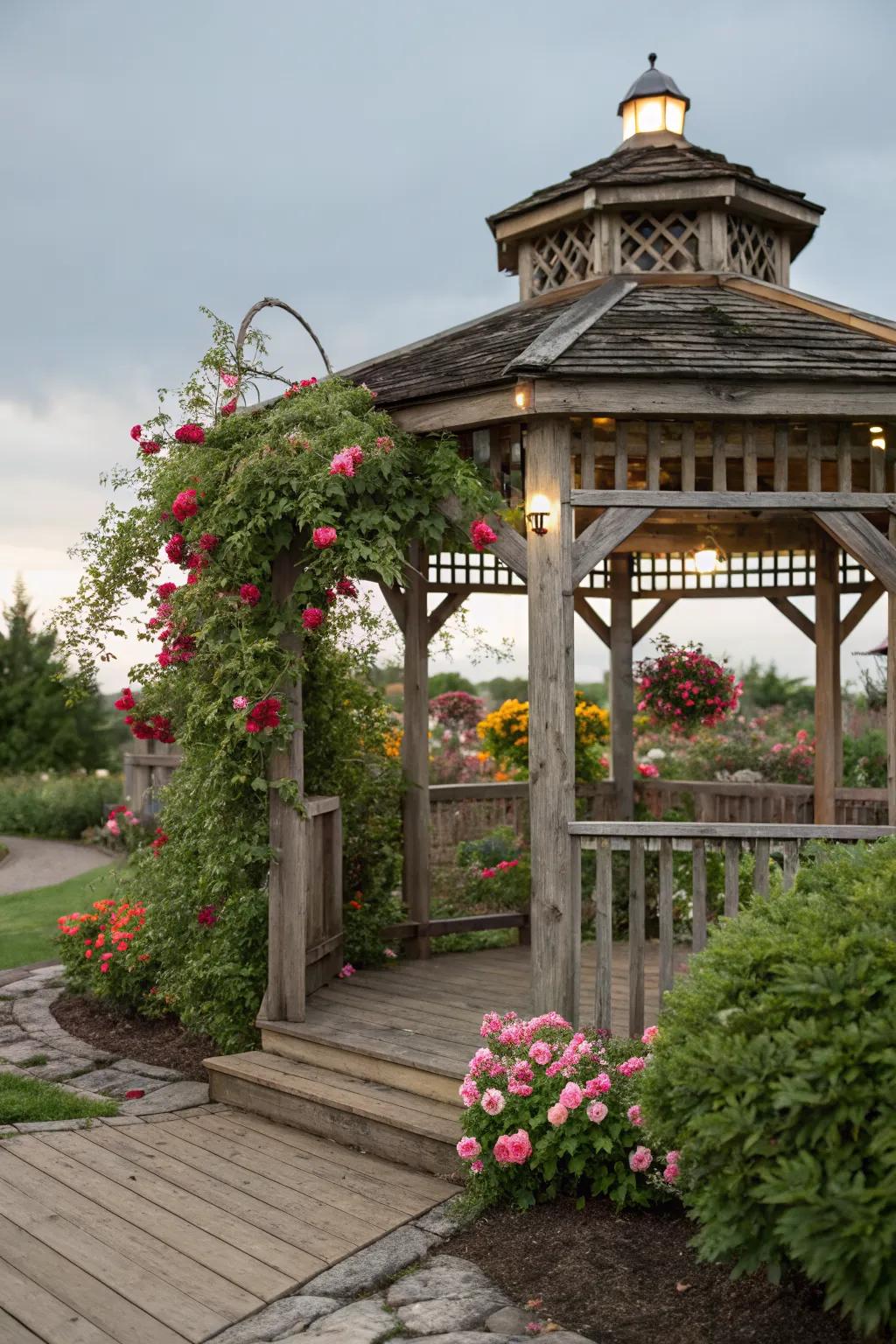 A natural wood gazebo enhancing the garden's rustic charm.