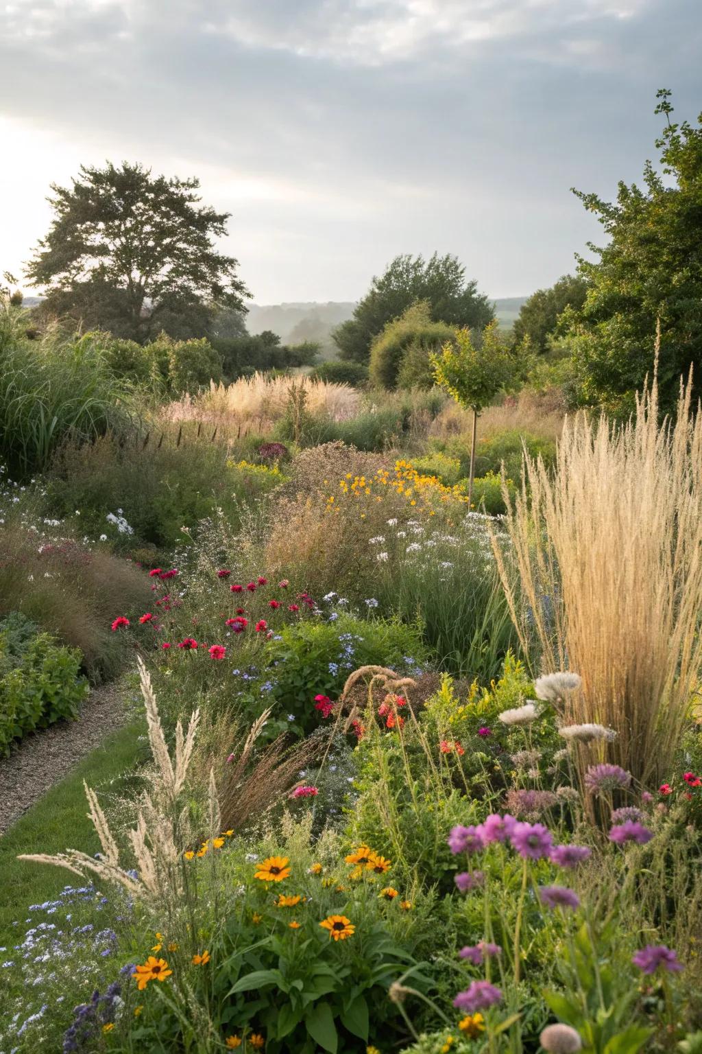 A diverse mix of plants creates a vibrant wild garden