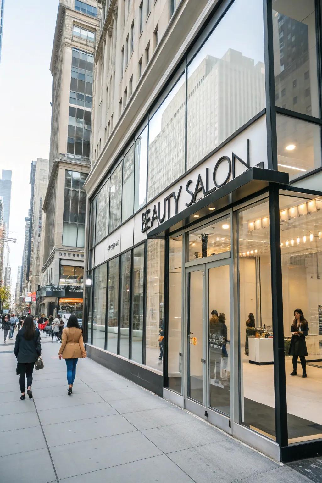 A beauty salon with sleek, modern signage in an urban environment.