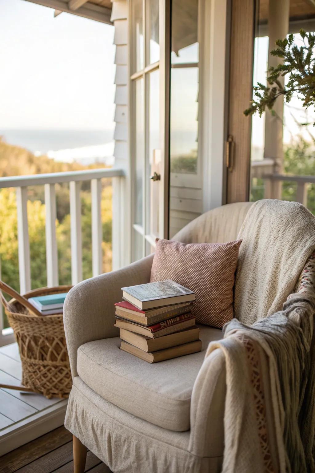 A charming reading nook perfect for book lovers on a sunny balcony.
