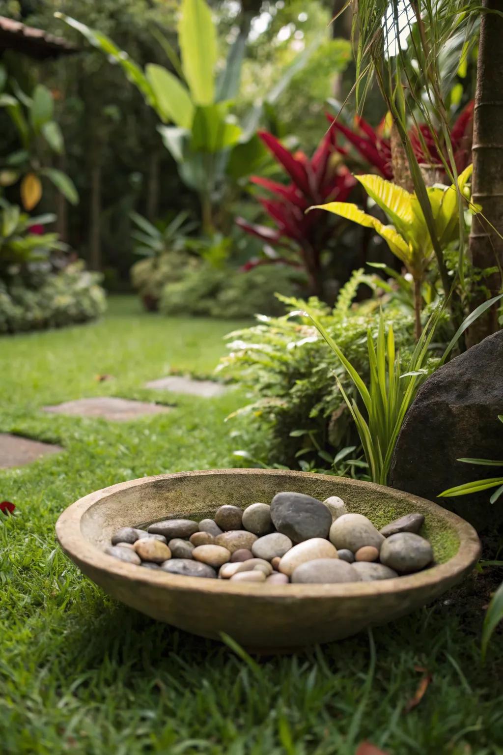 A simple stone-filled bee bath that provides a safe landing spot for bees.