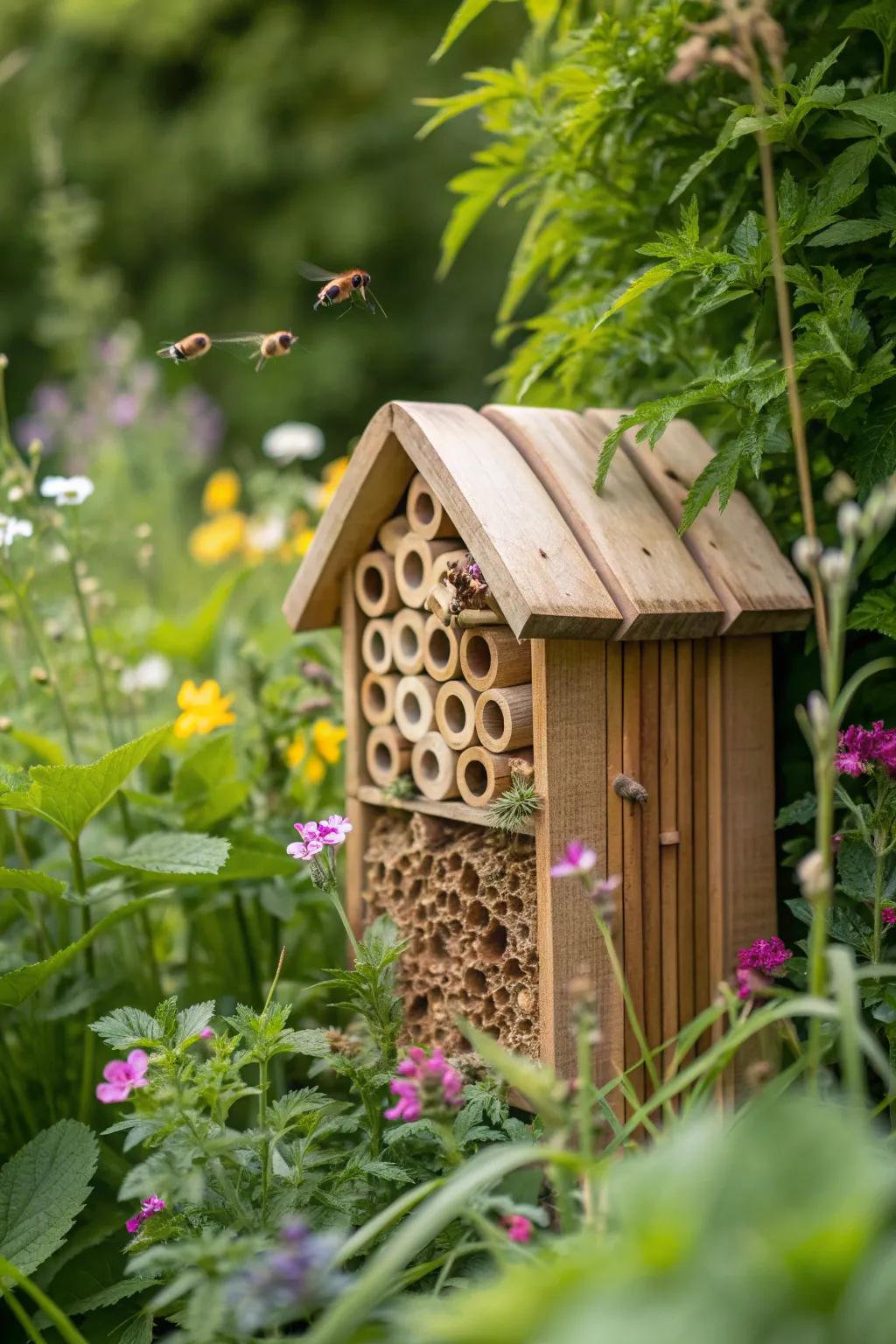 A charming bee hotel nestled among vibrant garden greenery.