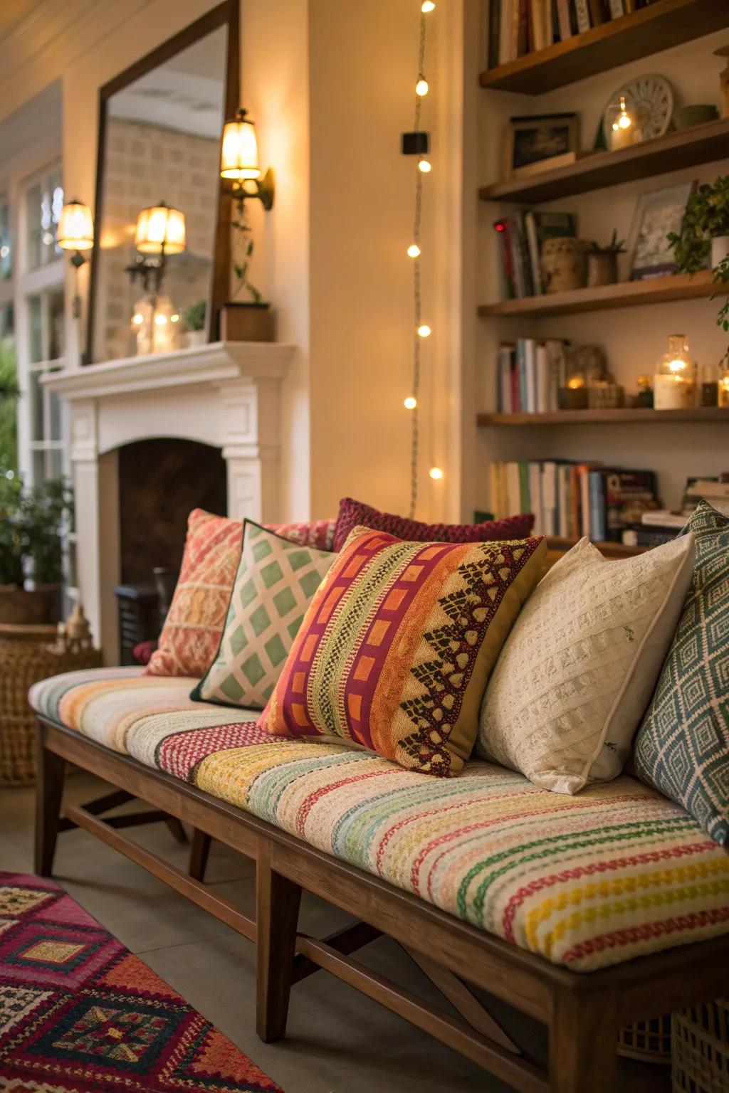A bench adorned with vibrant cushions for added comfort.