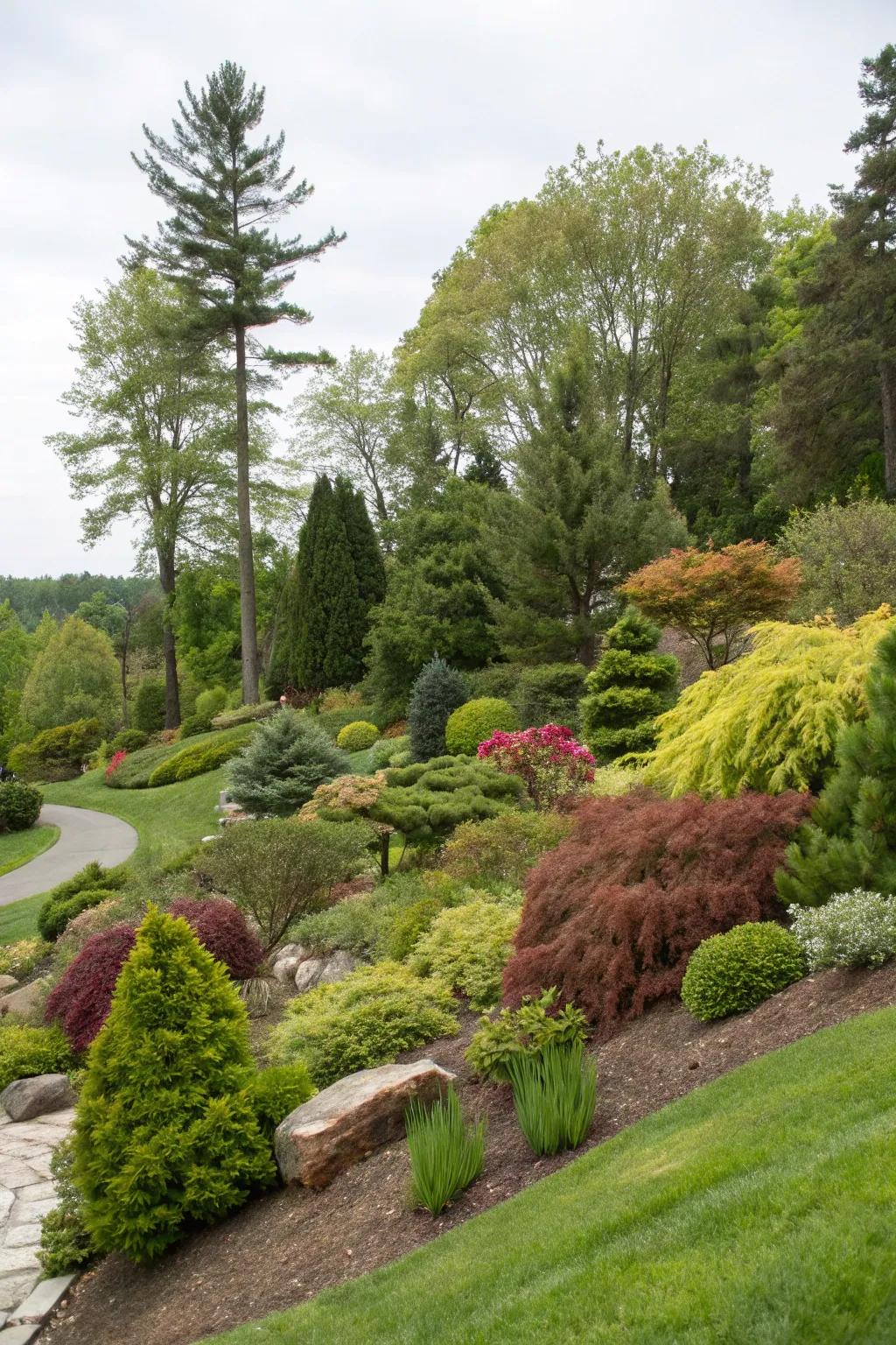 A garden berm featuring lush greenery with a rich variety of trees and shrubs.