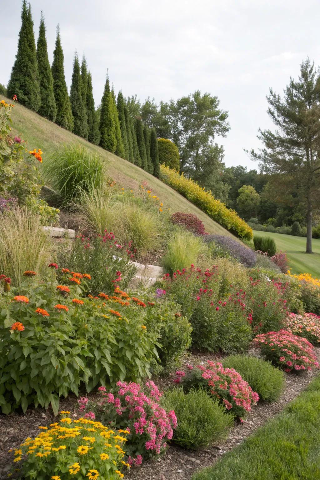 Layered planting creates a lush and dynamic look on this berm with a mix of shrubs and flowers.