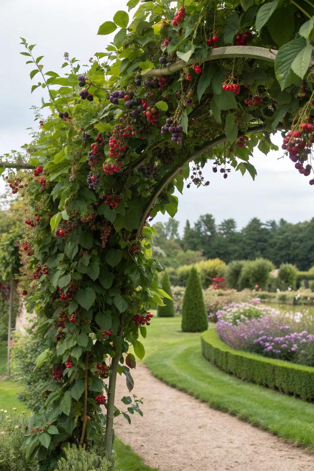 A garden arch beautifully draped in berry vines, creating a picturesque entryway.