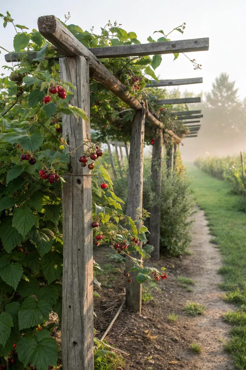 A rustic wood trellis adds charm to any garden while supporting berry plants.