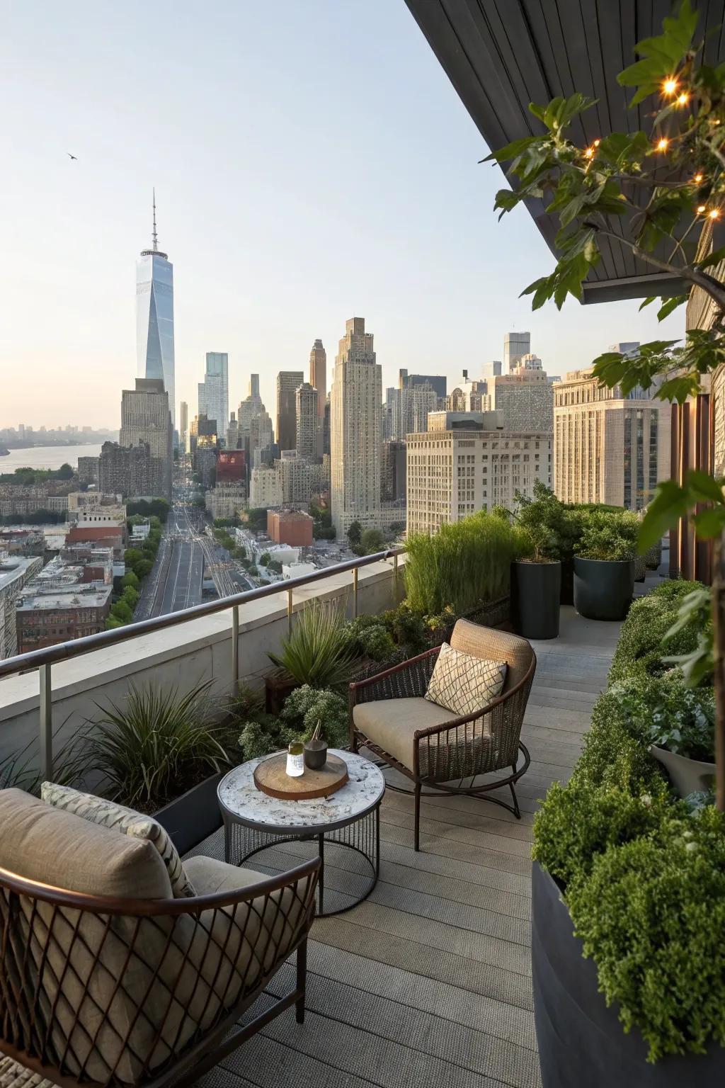 A rooftop deck with cozy seating and city views, ideal for relaxation.