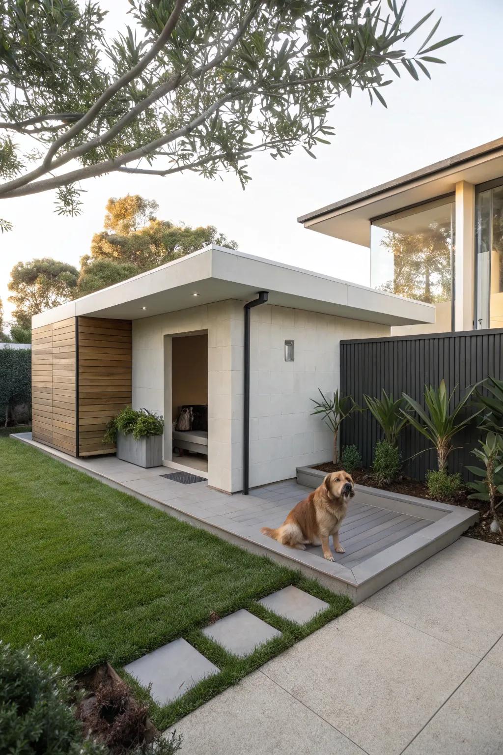 A modern dog house with sleek lines and neutral colors.
