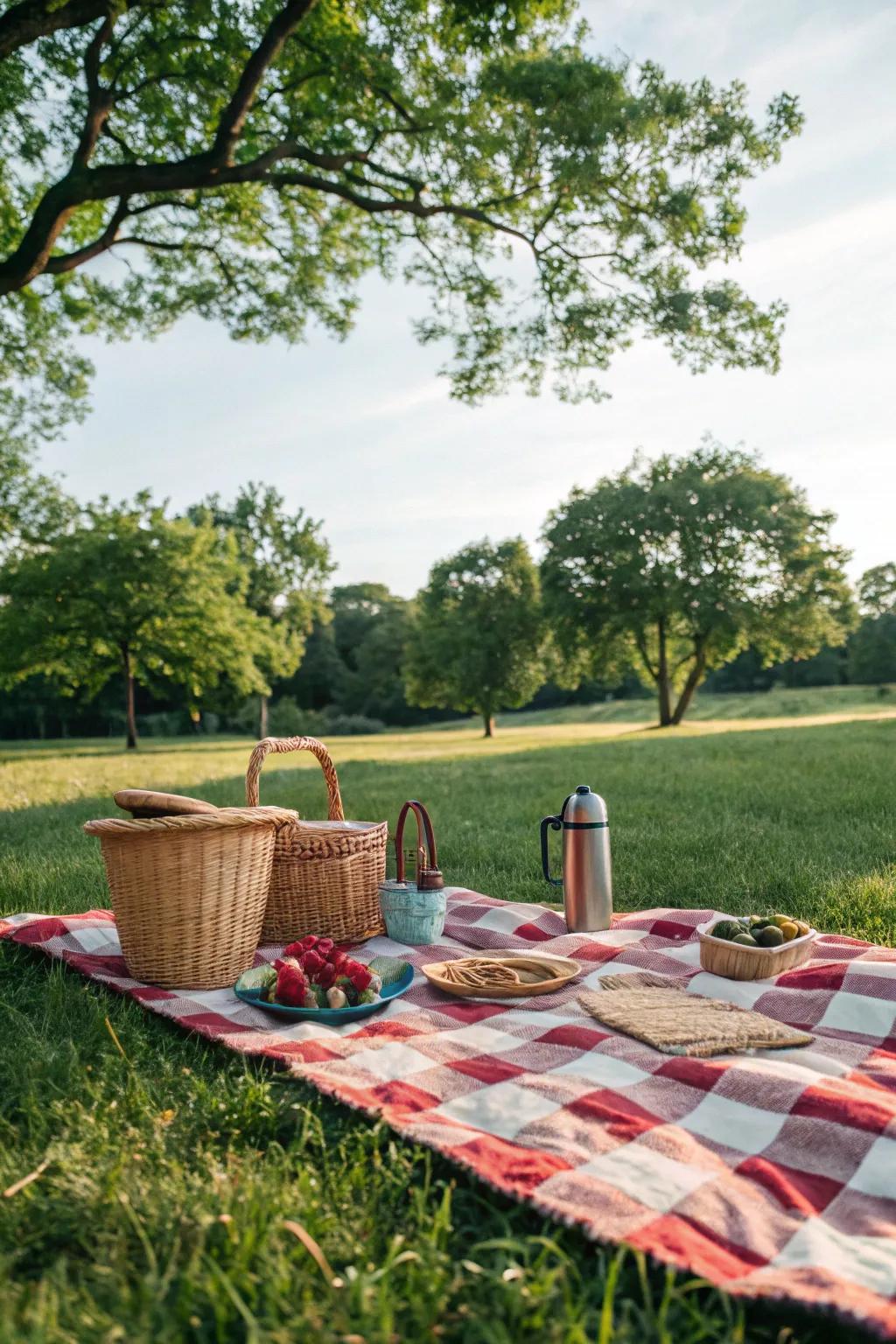 A classic picnic blanket setup in a lush green park.